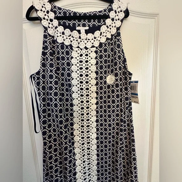 Elegant Blue and White Sleeveless Dress - Picture 2 of 4